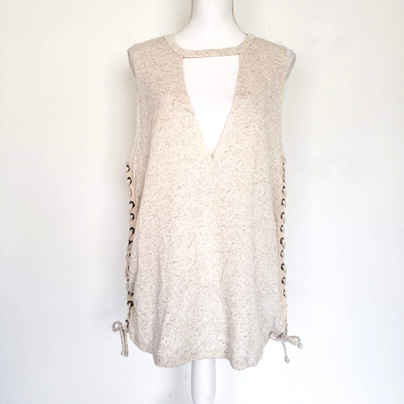 Maronie SIZE S Cream Textured Tunic Tank Top Distressed Lace Up Sides Keyhole - Picture 2 of 14